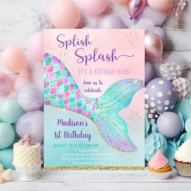 Mermaid Tail Under The Sea Pink Gold Birthday Invitation (Creator Uploaded)