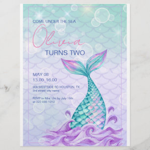 Mermaid Tail Under the Sea Purple Birthday Flyer