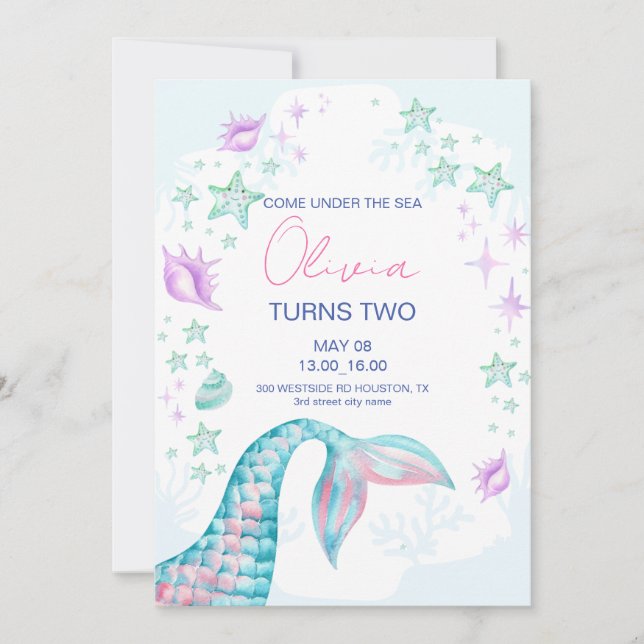 Mermaid Tail Under the Sea Purple Birthday  Invitation (Front)