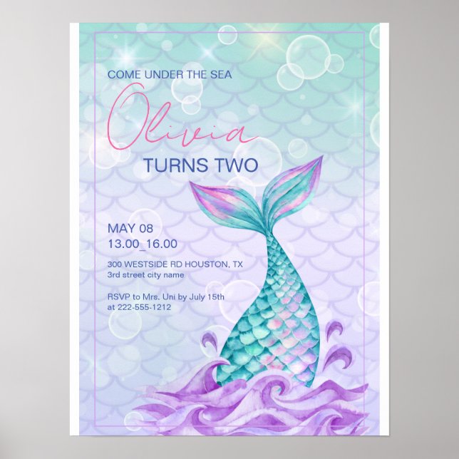 Mermaid Tail Under the Sea Purple Birthday  Poster (Front)