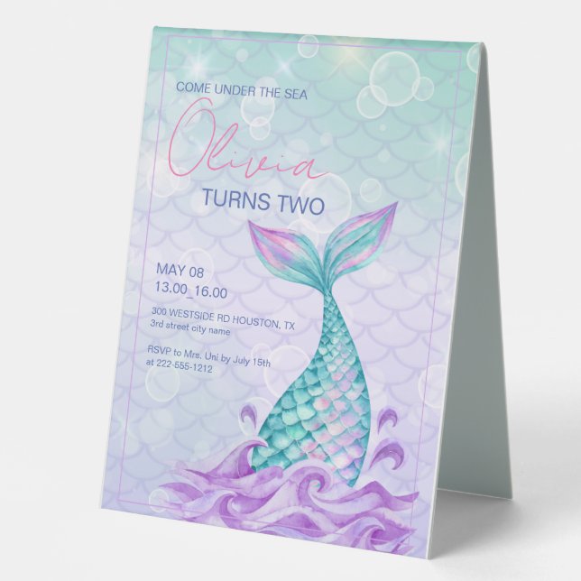 Mermaid Tail Under the Sea Purple Birthday  Table Tent (Front)