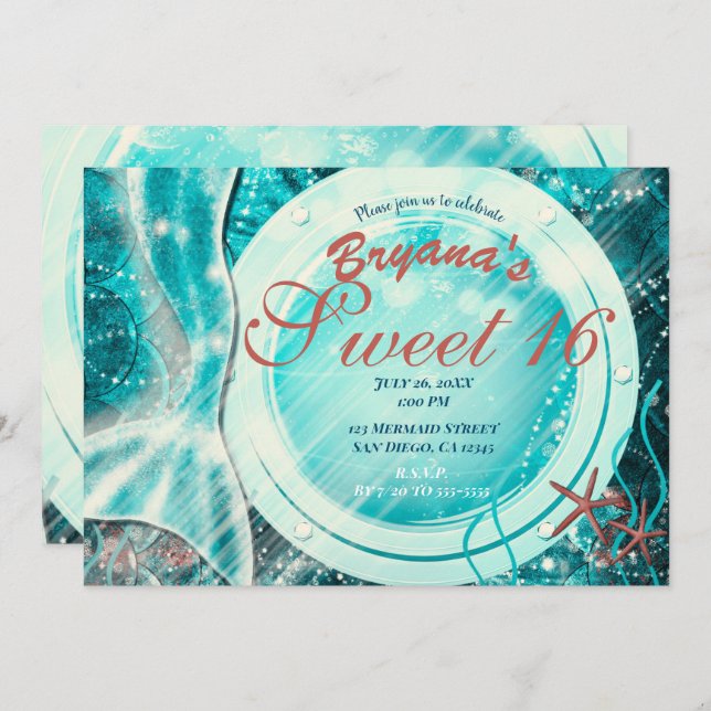 Mermaid Tail Under the Sea Sweet 16 Teal Birthday Invitation (Front/Back)