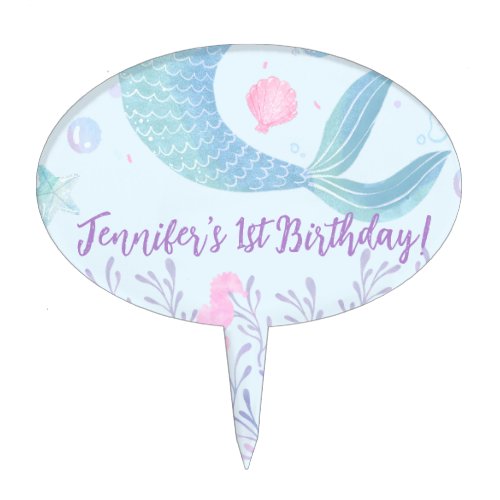 Mermaid Tail Under The Sea Watercolor Birthday Cake Topper