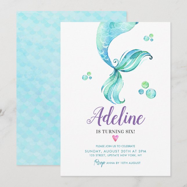 Mermaid Tail Under the Sea Watercolor Birthday  Invitation (Front/Back)
