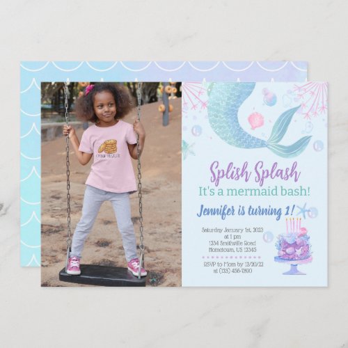 Mermaid Tail Under The Sea Watercolor Birthday Invitation