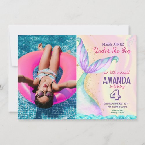 Mermaid tail Watercolor Birthday Under the Sea Invitation