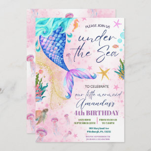 Mermaid tail Watercolor Birthday Under the Sea Invitation