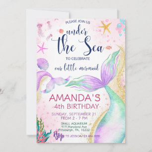 Mermaid tail Watercolor Birthday Under the Sea Invitation