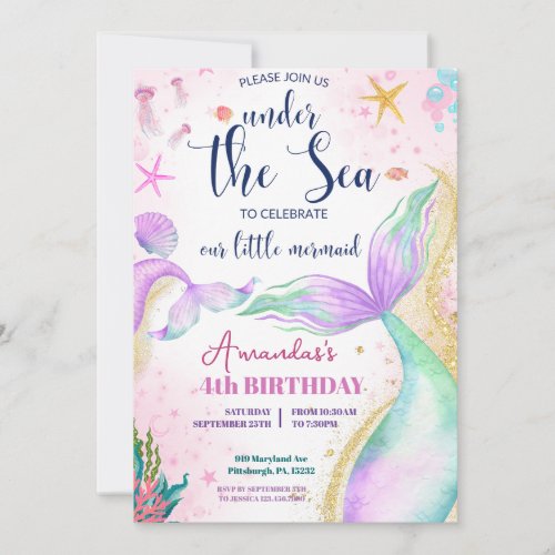 Mermaid tail Watercolor Birthday Under the Sea Invitation