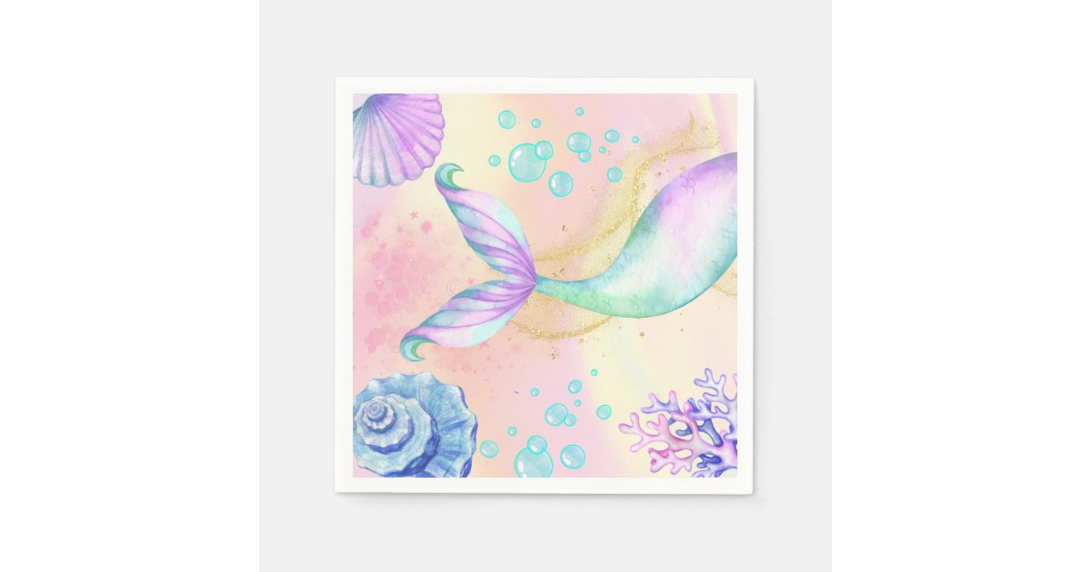 Mermaid tail Watercolor Birthday Under the Sea Napkins | Zazzle