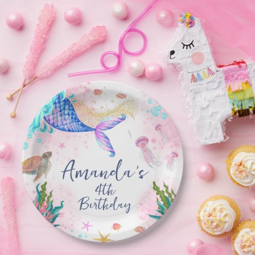 Mermaid tail Watercolor Birthday Under the Sea Paper Plates