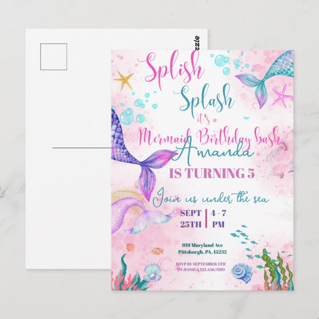 Mermaid tail Watercolor Birthday Under the Sea Postcard (Front/Back)