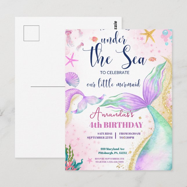 Mermaid tail Watercolor Birthday Under the Sea Postcard (Front/Back)