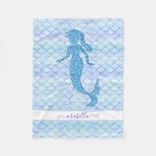 Mermaid Tail Watercolor Blue Scale Pattern w Name Fleece Blanket