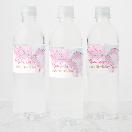 Mermaid Tail Watercolor Pink Gold Girl Birthday Water Bottle Label