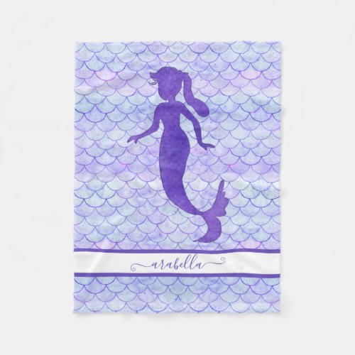 Mermaid Tail Watercolor Purple Scale Pattern Name Fleece Blanket