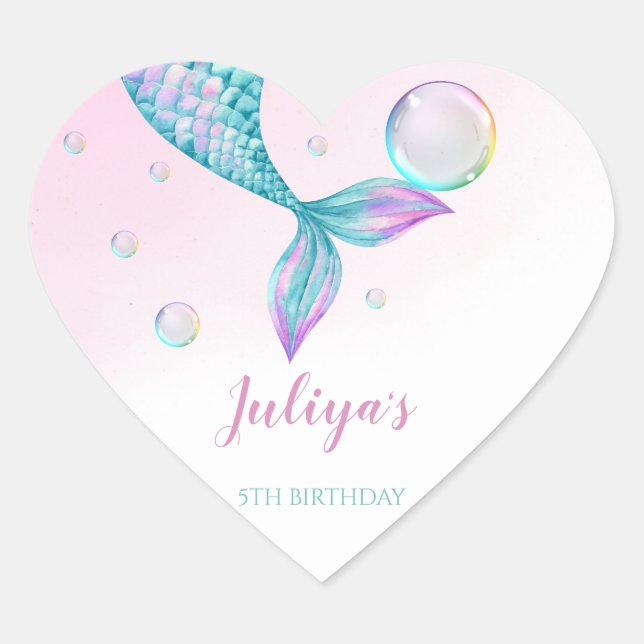 Mermaid Tail with bubbles Birthday Heart Sticker (Front)