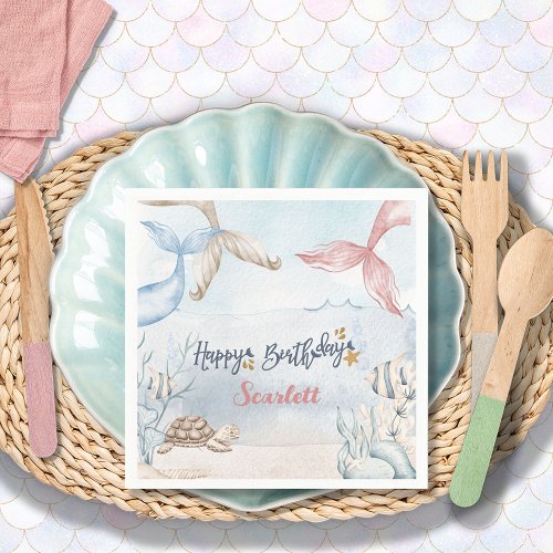 Mermaid Tails Any Age Watercolor Birthday Party Napkins