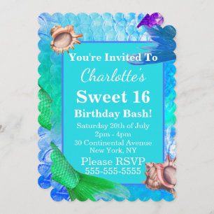 Mermaid Tails & Conch Shells Sweet 16 Party Invitation