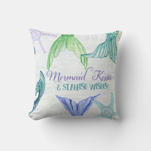 Mermaid Tails Kisses Starfish Wishes Saying Wood Throw Pillow (Front)