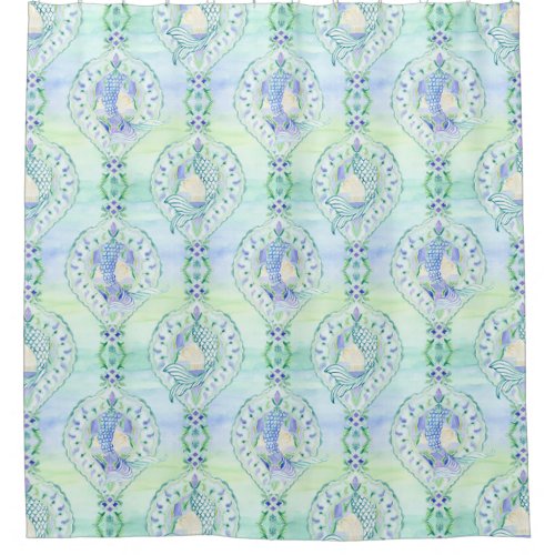 Mermaid Tails Shell Damask Watercolor Ocean Wave Shower Curtain