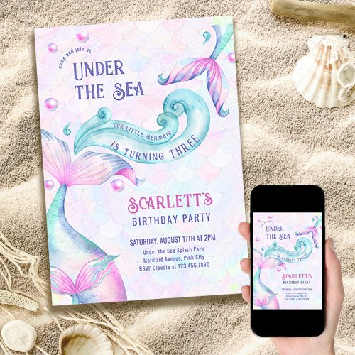 Mermaid Tails Under the Sea Girls Birthday Party Invitation