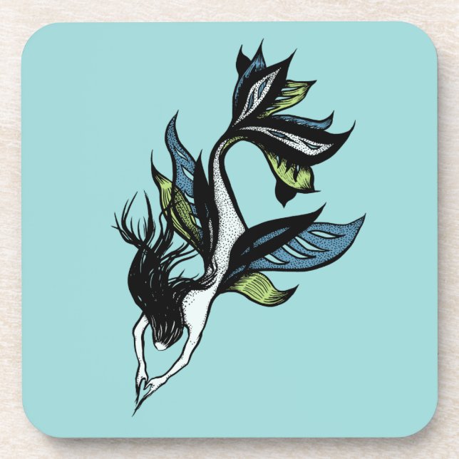 Mermaid Tattoo Style - Fantasy Ink Drawing Beverage Coaster (Front)