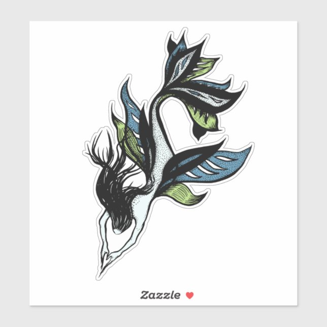 Mermaid Tattoo Style - Fantasy Ink Drawing Sticker (Sheet)