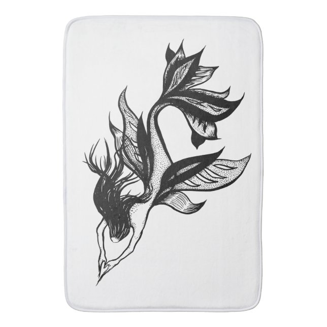 Mermaid Tattoo Style Stipple Shaded Ink Drawing Bath Mat (Front Vertical)