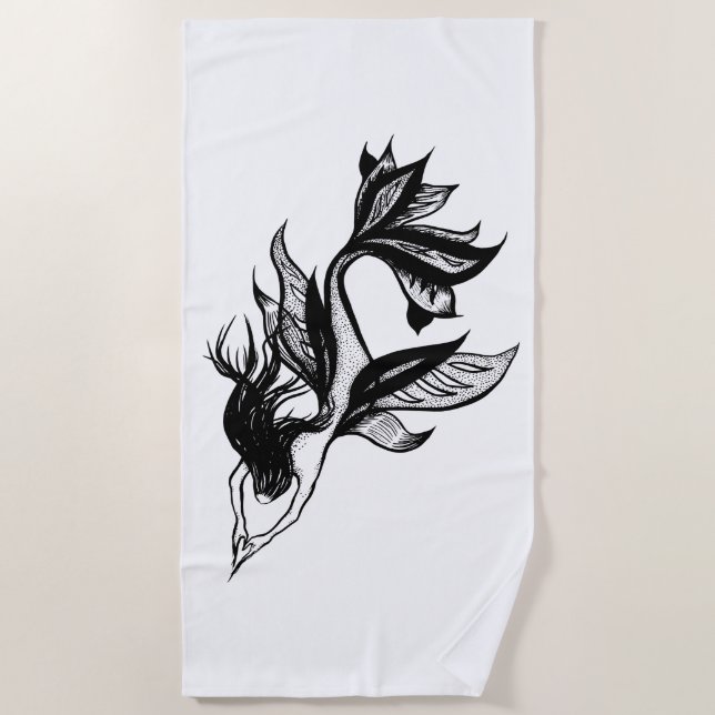Mermaid Tattoo Style Stipple Shaded Ink Drawing Beach Towel (Front)