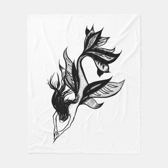 Mermaid Tattoo Style Stipple Shaded Ink Drawing Fleece Blanket (Front)
