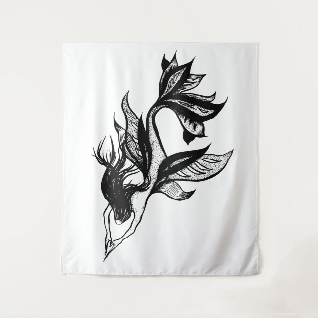 Mermaid Tattoo Style Stipple Shaded Ink Drawing Tapestry (Front)