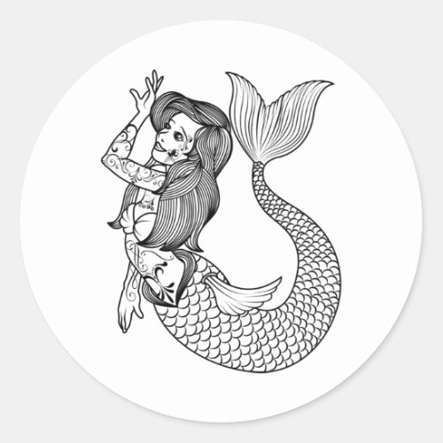 Mermaid Tattoo Vintage Mermaid Art Tattoo Girls Classic Round Sticker