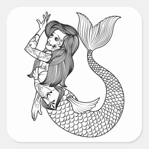 Mermaid Tattoo Vintage Mermaid Art Tattoo Girls Square Sticker