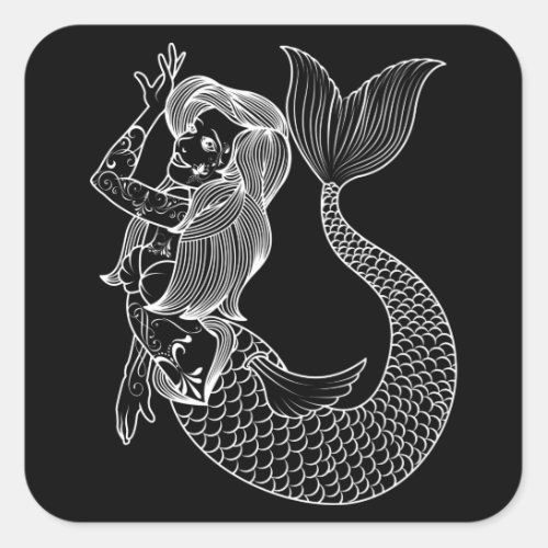 Mermaid Tattoo Vintage Mermaid Art Tattoo Girls Square Sticker