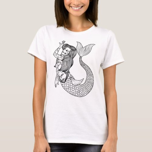 Mermaid Tattoo Vintage Mermaid Art Tattoo Girls T_Shirt