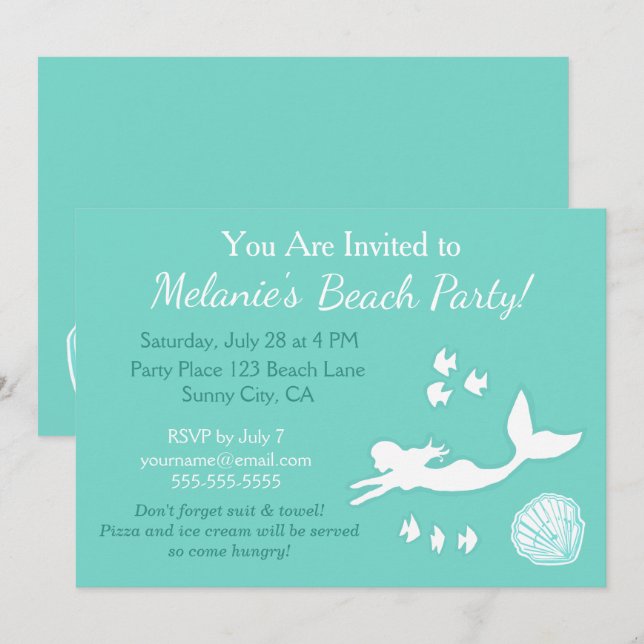Mermaid Teal Beach Party Custom Invitation (Front/Back)