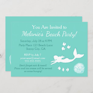 Mermaid Teal Beach Party Custom Invitation
