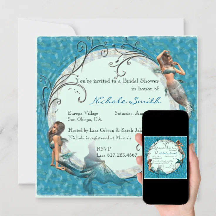 Mermaid Teal Blue Floral Bridal Shower Invites Zazzle
