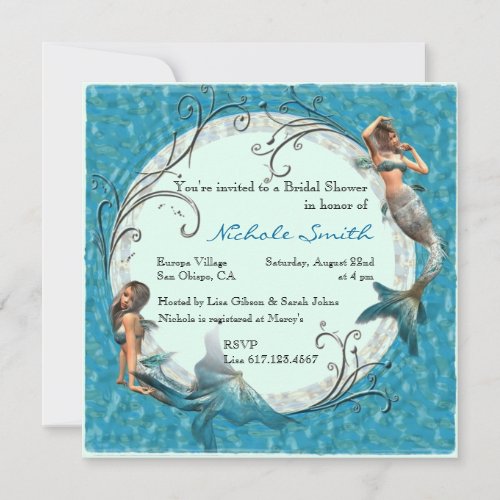Mermaid Teal Blue Floral Bridal Shower Invites