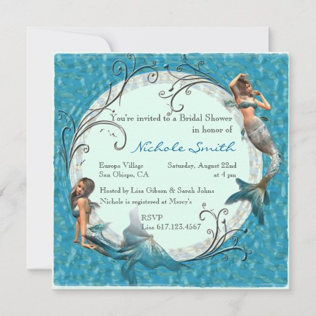 Mermaid Teal Blue Floral Bridal Shower Invites (Front)