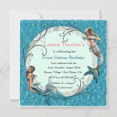 Mermaid Teal Blue Sweet 16 Birthday Invites