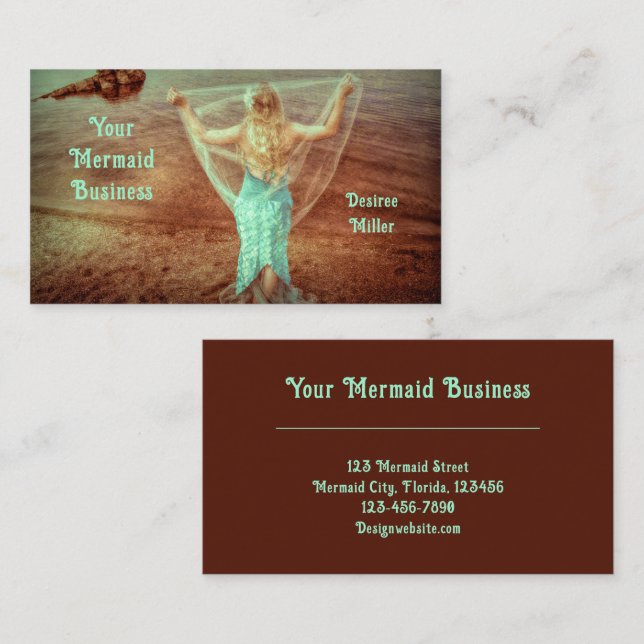 Mermaid Teal Brown Beach Theme Business Card (Front/Back)