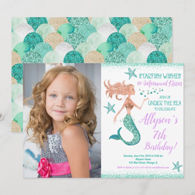 Mermaid teal gold under the sea birthday photo invitation (Front/Back)
