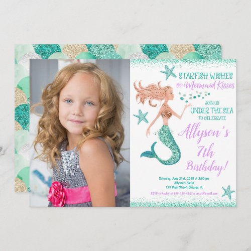 Mermaid teal gold under the sea birthday photo invitation