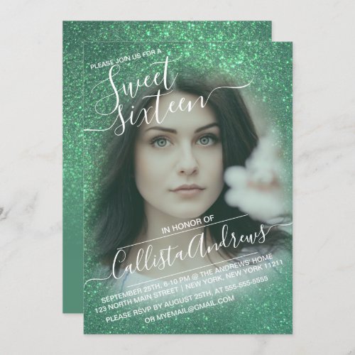 Mermaid Teal Green Glitter Ombre Photo Sweet 16 Invitation