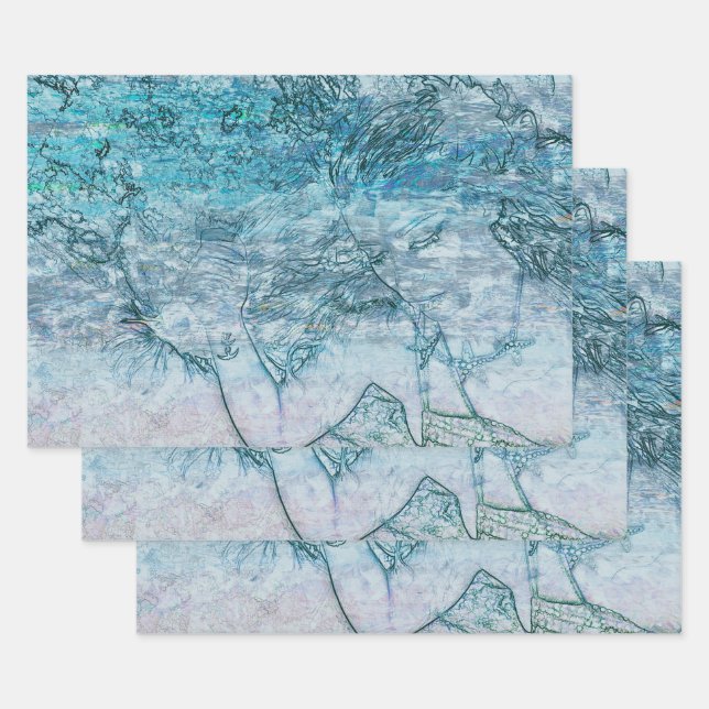 Mermaid Teal Green Nautical Ocean Waves Decoupage Wrapping Paper Sheets (Set)