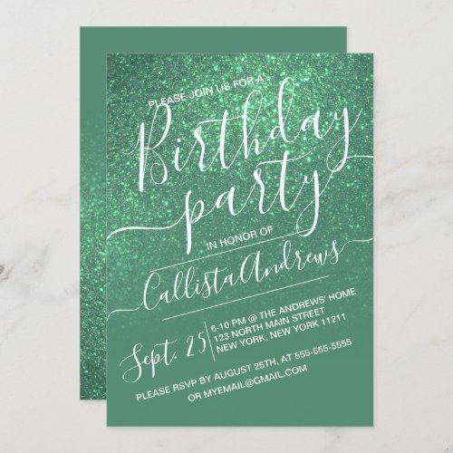 Mermaid Teal Green Sparkly Glitter Ombre Birthday Invitation