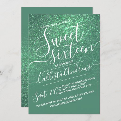 Mermaid Teal Green Sparkly Glitter Ombre Sweet 16 Invitation