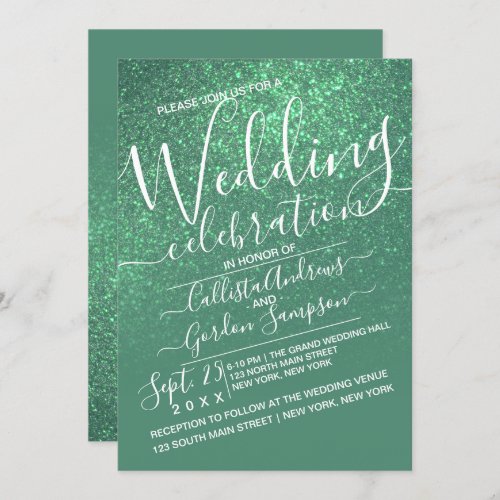 Mermaid Teal Green Sparkly Glitter Ombre Wedding Invitation